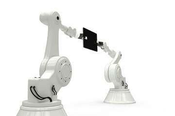 Graphic image of robots with computer tablet