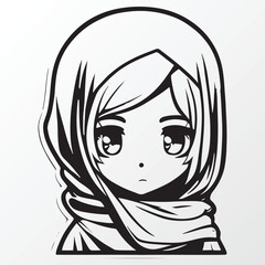 Cartoon hijab young girl character sketch in anime style