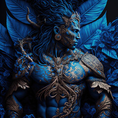 indonesian, ancient, goddess, artistic, muscular, aesthetic, blue, red, gold, brown, ornaments, aura, javanese, hindu, politheism, ai generative