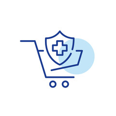 Medical insurance in a shopping cart. Cross on a shield. Health plan. Pixel perfect, editable stroke line icon