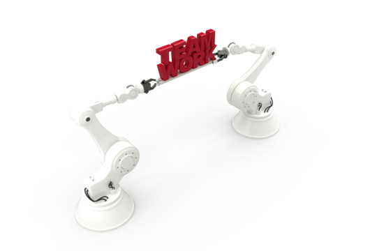 Robotic hand holding team work message against white background