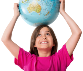 Cute pupil smiling holding globe