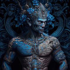 indonesian, ancient, goddess, artistic, muscular, aesthetic, blue, red, gold, brown, ornaments, aura, javanese, hindu, politheism, ai generative
