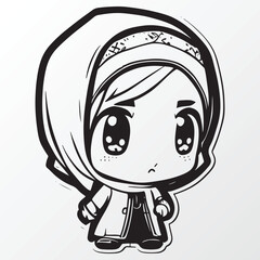 Cartoon hijab young girl character sketch in anime style