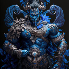 indonesian, ancient, goddess, artistic, muscular, aesthetic, blue, red, gold, brown, ornaments, aura, javanese, hindu, politheism, ai generative