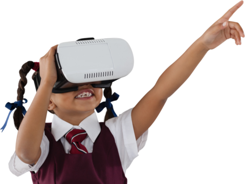 School girl pointing while using VR headset - Powered by Adobe