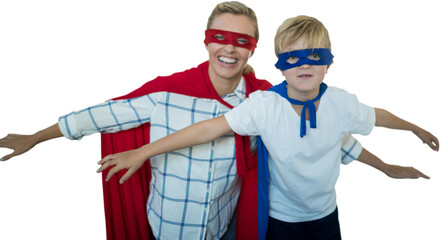 Mother and son pretending to be superhero