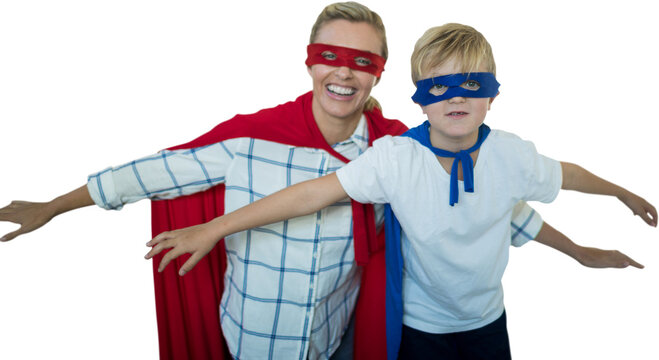 Mother and son pretending to be superhero