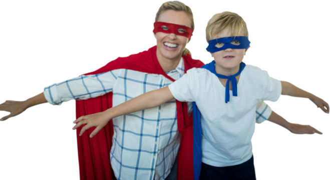 Mother and son pretending to be superhero - Powered by Adobe