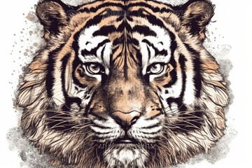 Obraz premium Tiger's head. Illustration of a majestic jungle animal with an aggressive cartoon front face, hunting trophy emblems, and an isolated white background. Generative AI