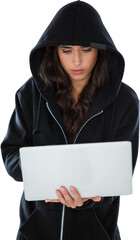 Focused female hacker in black hoodie using laptop