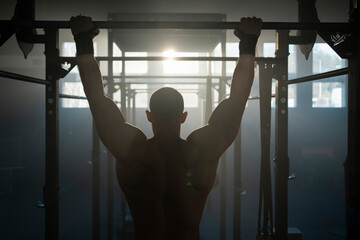 Strong muscular man doing pull-up exercise on bar inside a abandoned warehouse. Rear view - obrazy, fototapety, plakaty