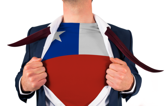 Businessman opening shirt to reveal chile flag - Powered by Adobe
