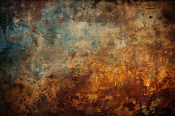 weathered metal surface with peeling blue and yellow paint. Generative AI