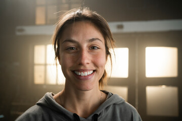 Portrait of young beautiful woman started laughing on camera in fitness center. Close-up shot