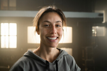 Portrait of happy cheerful woman looking at camera with smile while standing in front of windows at gym