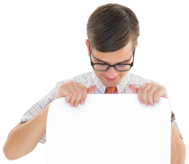 Geeky hipster smiling and showing card