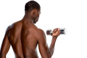 Rear view of a fit shirtless young man lifting dumbbell