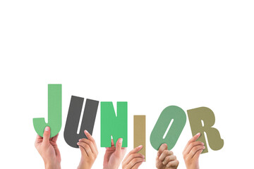 Cropped hands holding colorful word junior