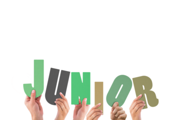 Cropped hands holding colorful word junior