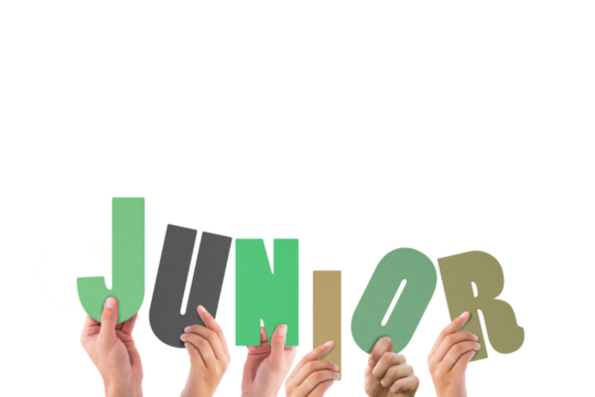 Cropped hands holding colorful word junior