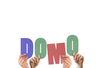 Colorful alphabet spelling thank you in Japanese held up by people 