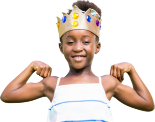 Portrait of smiling girl in crown flexing muscles