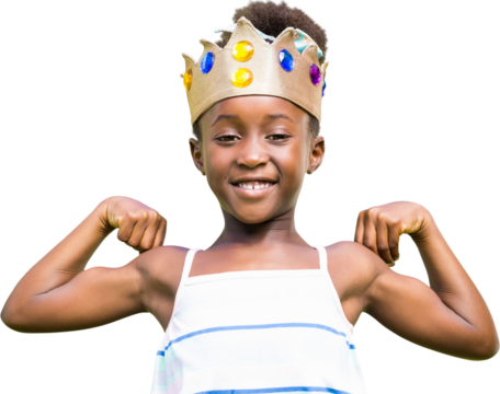 Portrait of smiling girl in crown flexing muscles
