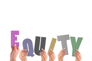 Cropped hands holding colorful word equity 