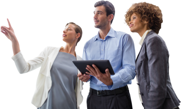 Businesswoman pointing while explaining with colleagues against white background - Powered by Adobe