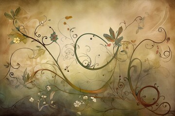 background image that looks like an organic growth, with twisting vines, blooming flowers, and creeping tendrils earthy tones and soft, curved lines to create a sense of natural growth Generative AI