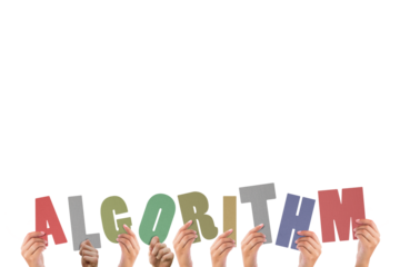 Colorful alphabet spelling algorithm held up by people 