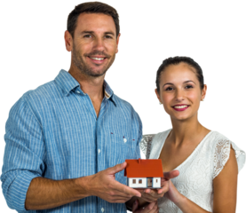 Man and woman holding house model