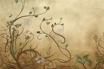 background image that looks like an organic growth, with twisting vines, blooming flowers, and creeping tendrils earthy tones and soft, curved lines to create a sense of natural growth Generative AI