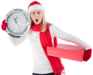 Festive blonde holding a clock and gift