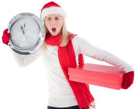 Festive blonde holding a clock and gift