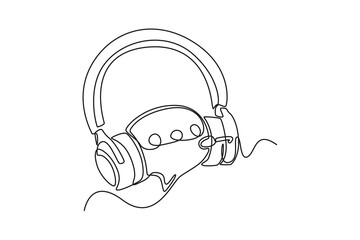 Single one-line drawing speech bubble uses a headphone. Chatbot concept continuous line draw design graphic vector illustration