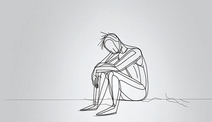 "Explore Human Suffering, Depression, and Suicidal Thoughts in Continuous Line Drawings - 3D Illustrations in Doodle Style. Concept of Sadness and Stress."