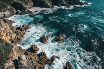 From above, the coast serves as the background. a background of turquoise water seen from above. aerial view of the sea in summer. Indonesian island of Nusa Penida. image of travel. Generative AI