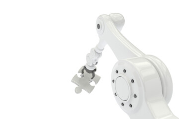 Composite image of robotic arm holding jigsaw piece