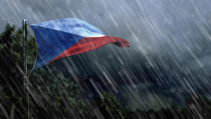 flag of Czechia with rain and dark clouds, rainfall forecast symbol - nature 3D rendering