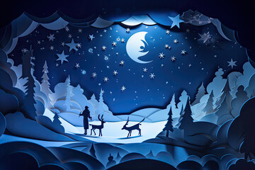 Naklejka premium two people riding on horses in the woods at night with moon and stars above them, paper cut art style. Generative AI