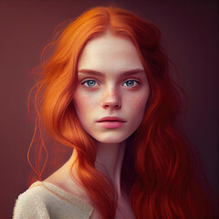 a redhead girl with long red hair and blue eyes, wearing a white laced dress in the background is an orange hue. Generative AI