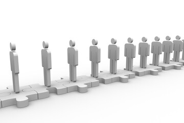 Row of human standing on jigsaw piece