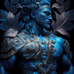 indonesian, ancient, goddess, artistic, muscular, aesthetic, blue, red, gold, brown, ornaments, aura, javanese, hindu, politheism, ai generative