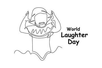 Continuous one-line drawing a boy laughs showing his hat. World laughing day concept single line draws design graphic vector illustration