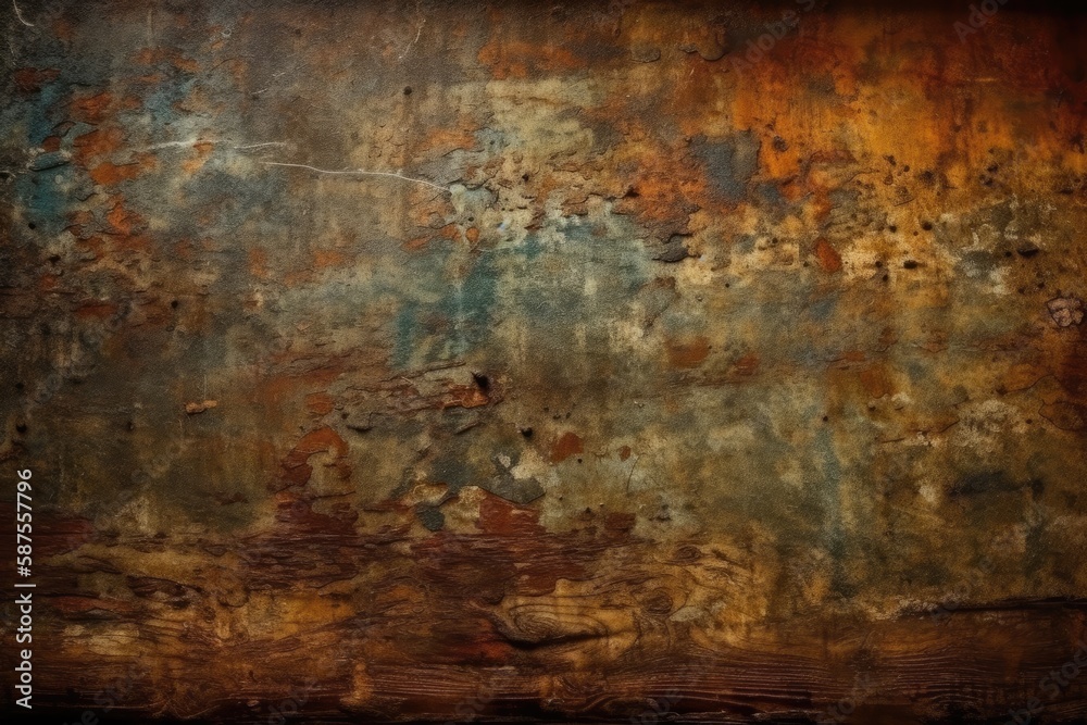 Poster weathered metal wall with a textured painting in brown and blue hues. Generative AI