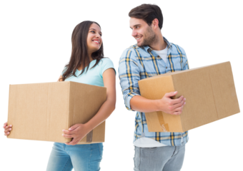 Happy young couple with moving boxes