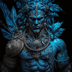 indonesian, ancient, goddess, artistic, muscular, aesthetic, blue, red, gold, brown, ornaments, aura, javanese, hindu, politheism, ai generative