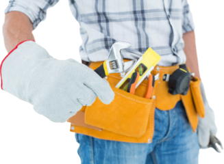 Technician using adjustable wrench against white background